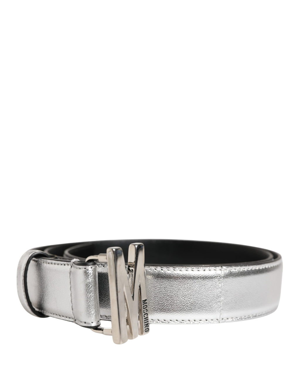 Moschino Couture Silberner Ledergürtel mit Logo und Metallschnalle