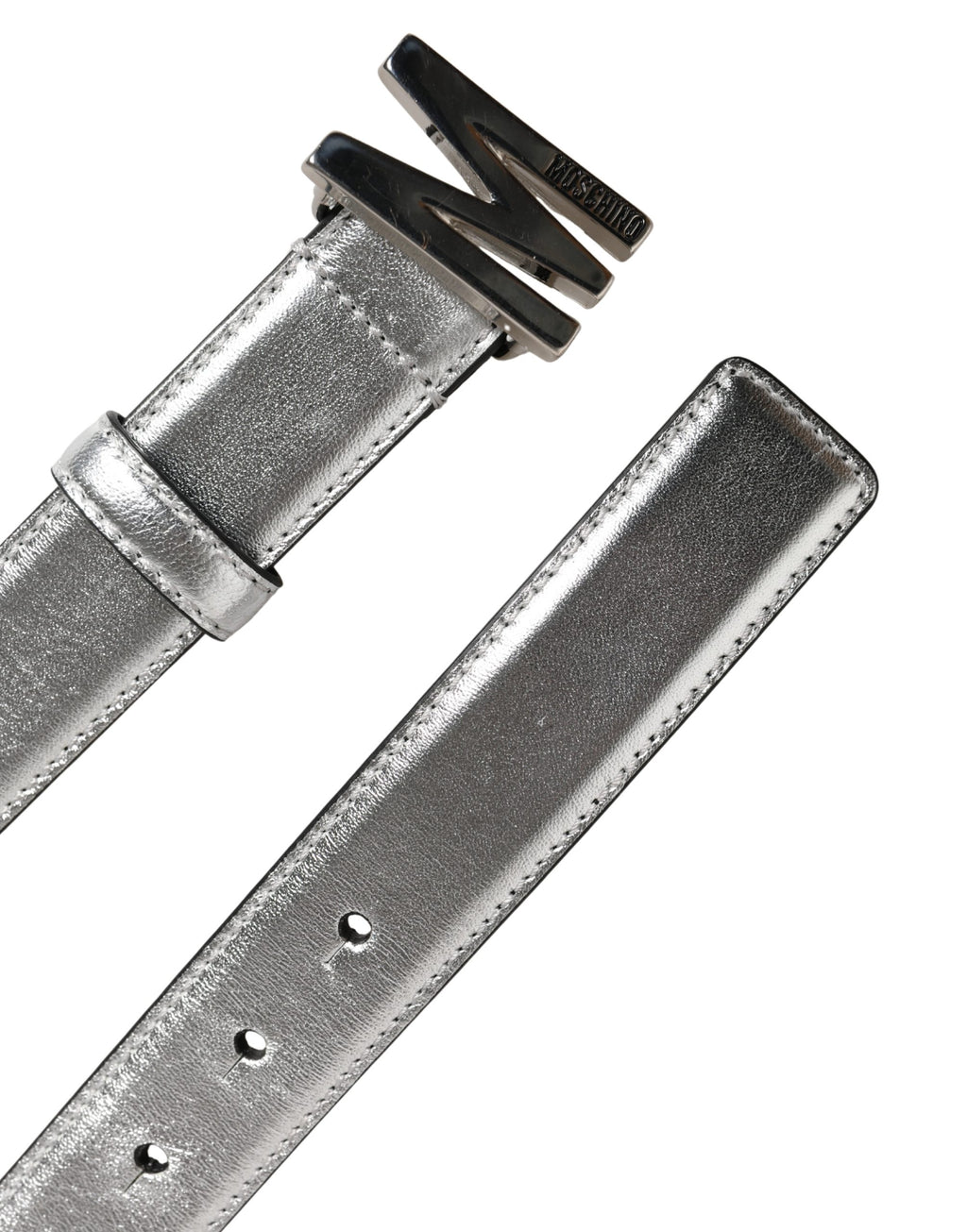 Moschino Couture Silberner Ledergürtel mit Logo und Metallschnalle