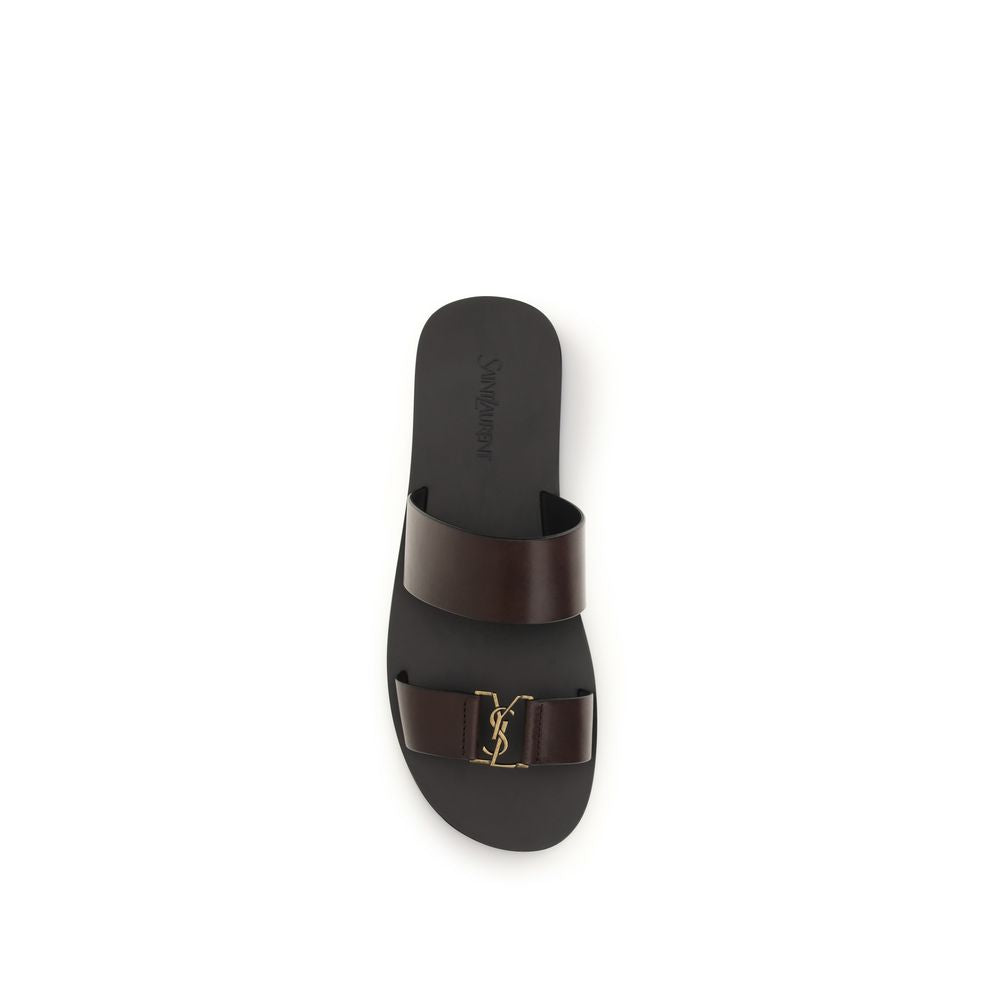 Saint Laurent Braune Kalbsleder-Sandalen Bos Taurus Flach