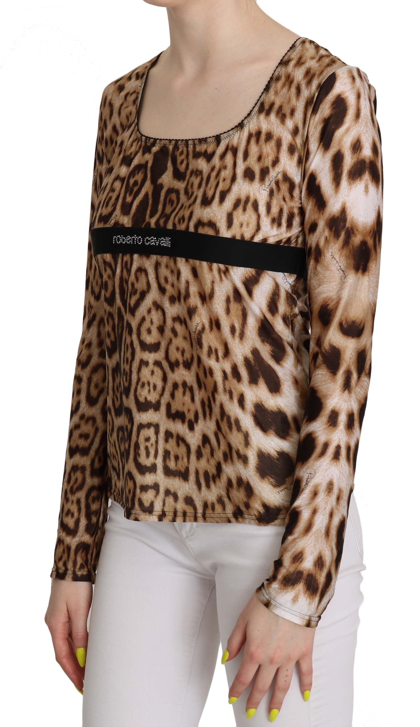 Roberto Cavalli Brauner Rundhalsausschnitt Leopard Damen Top Bluse