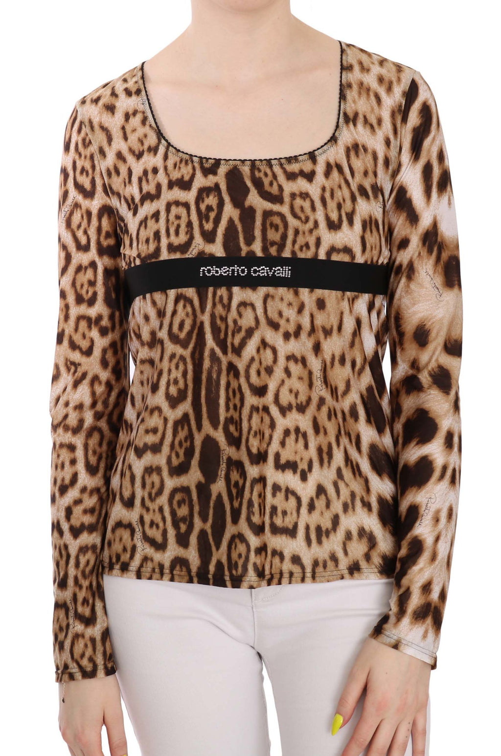Roberto Cavalli Brauner Rundhalsausschnitt Leopard Damen Top Bluse