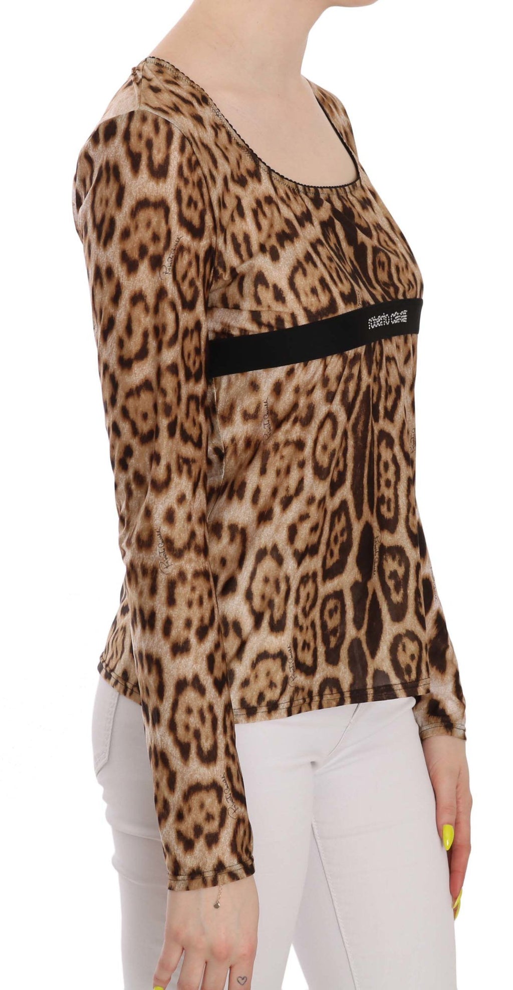 Roberto Cavalli Brauner Rundhalsausschnitt Leopard Damen Top Bluse