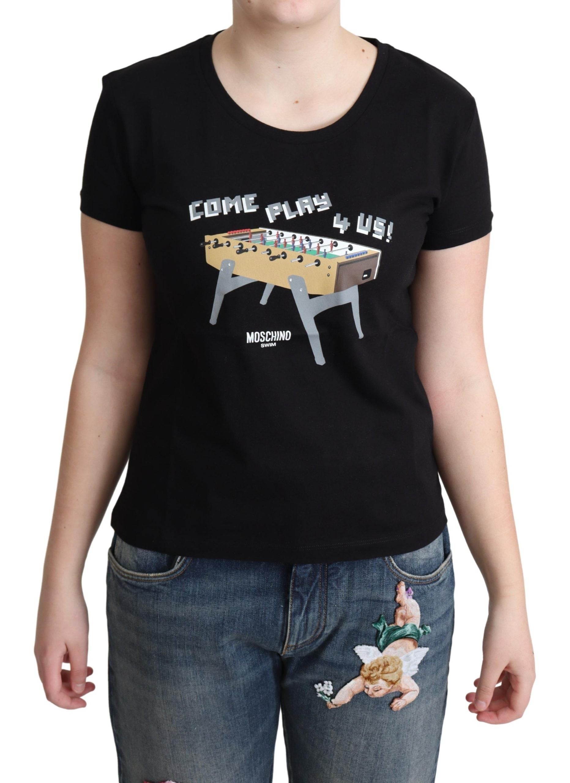 Moschino Black Cotton T-Shirt Come Play 4 Us Print Tops