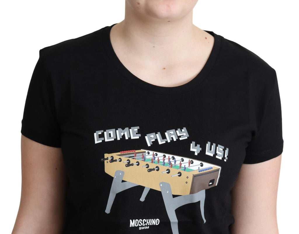 Moschino Schwarzes Baumwoll-T-Shirt Come Play 4 Us Print Tops