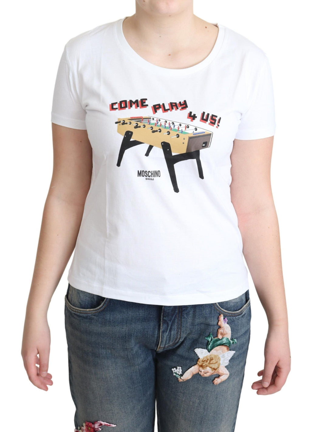 T-shirt Moschino en coton blanc avec imprimé « Come Play 4 Us »