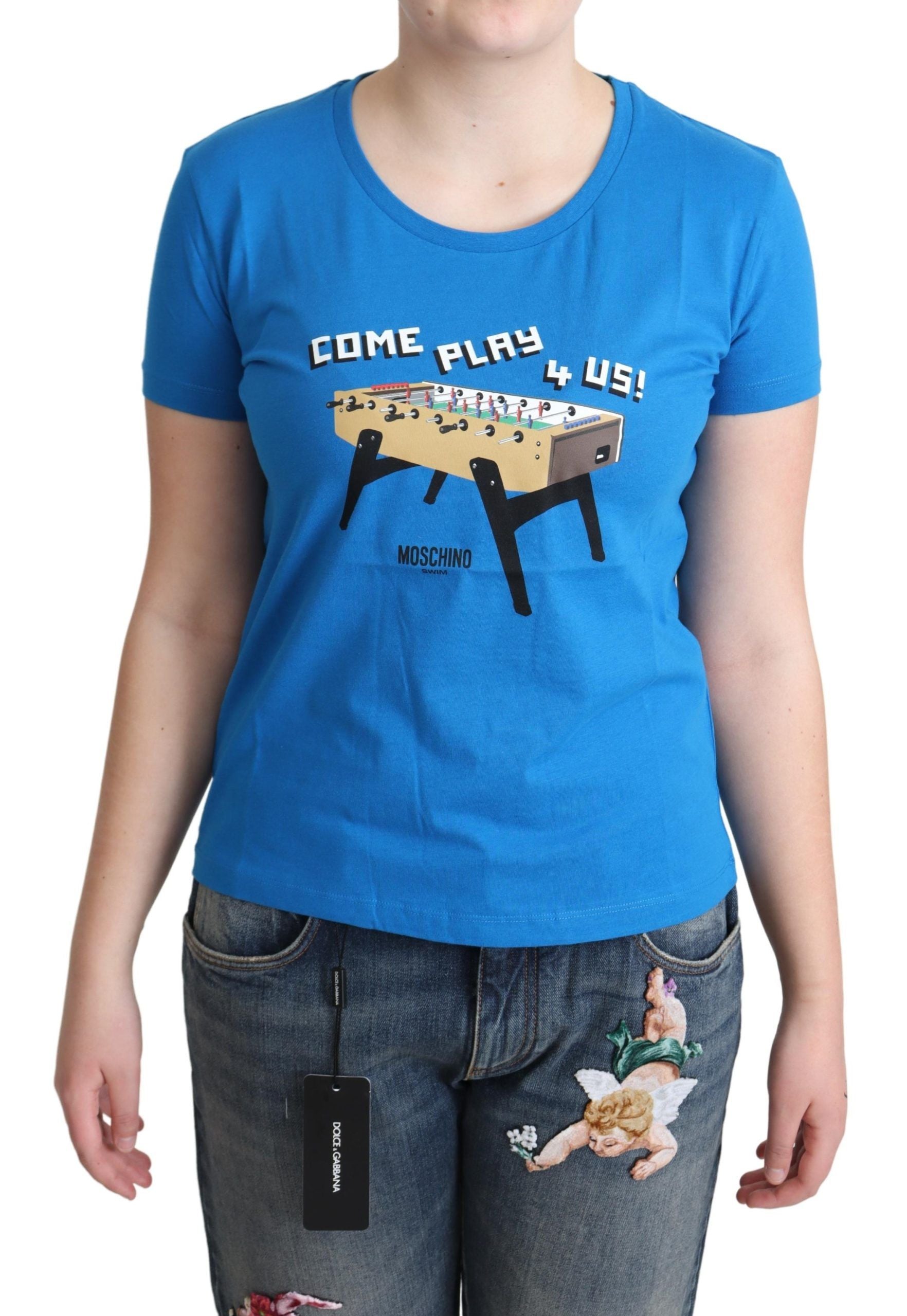 Moschino Blue Cotton T-Shirt Come Play 4 Us Print