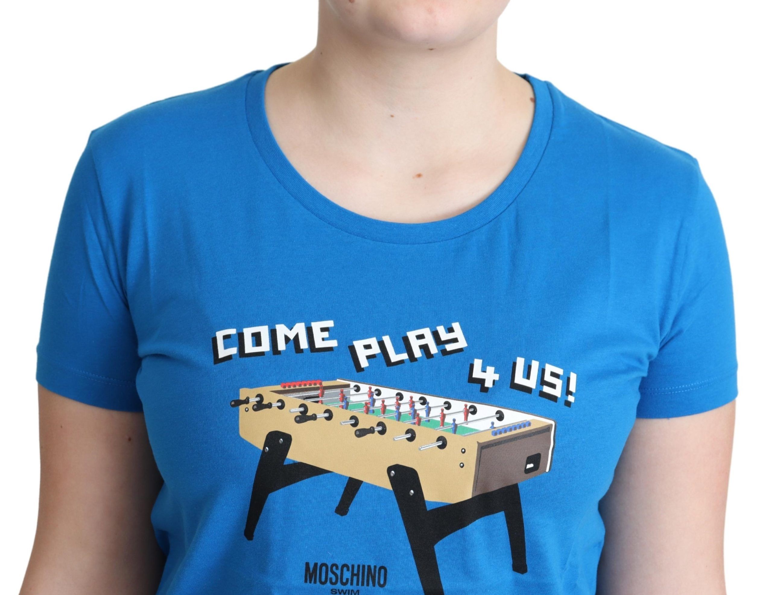 Moschino Blue Cotton T-Shirt Come Play 4 Us Print