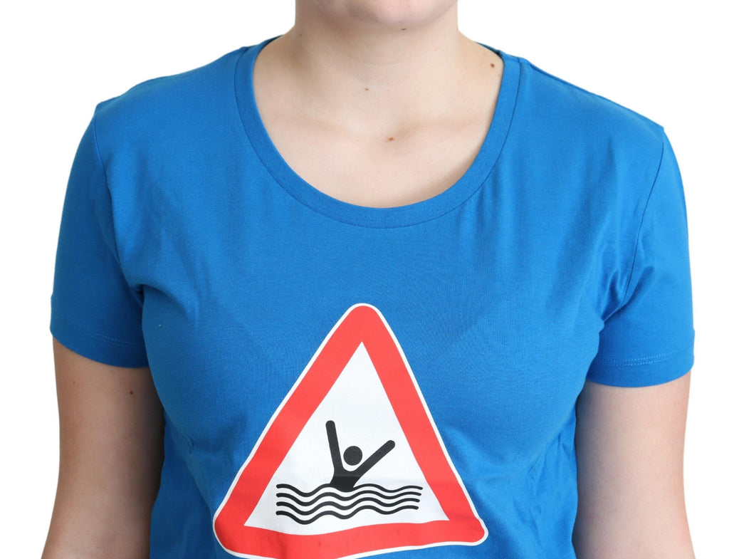 Moschino Blaues Triangel-T-Shirt mit grafischer Darstellung aus Baumwolle zum Schwimmen