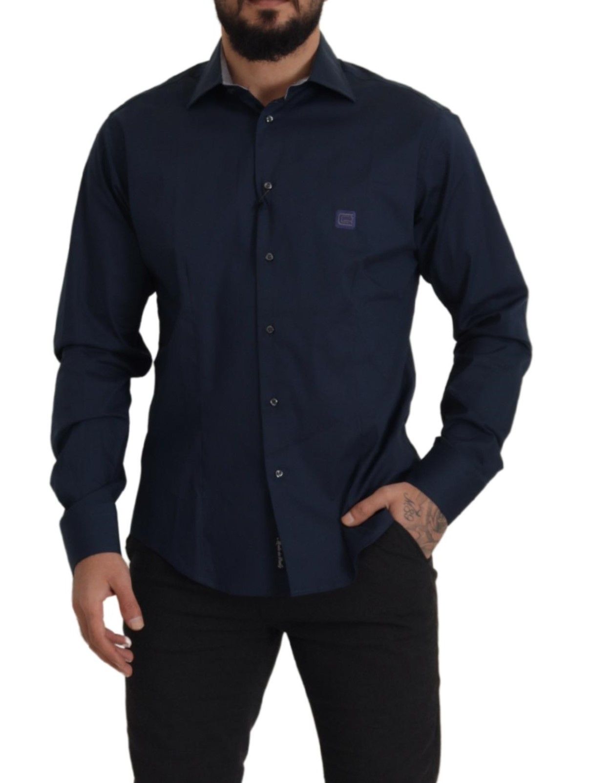 Roberto Cavalli Navy Blue Cotton Formal Shirt