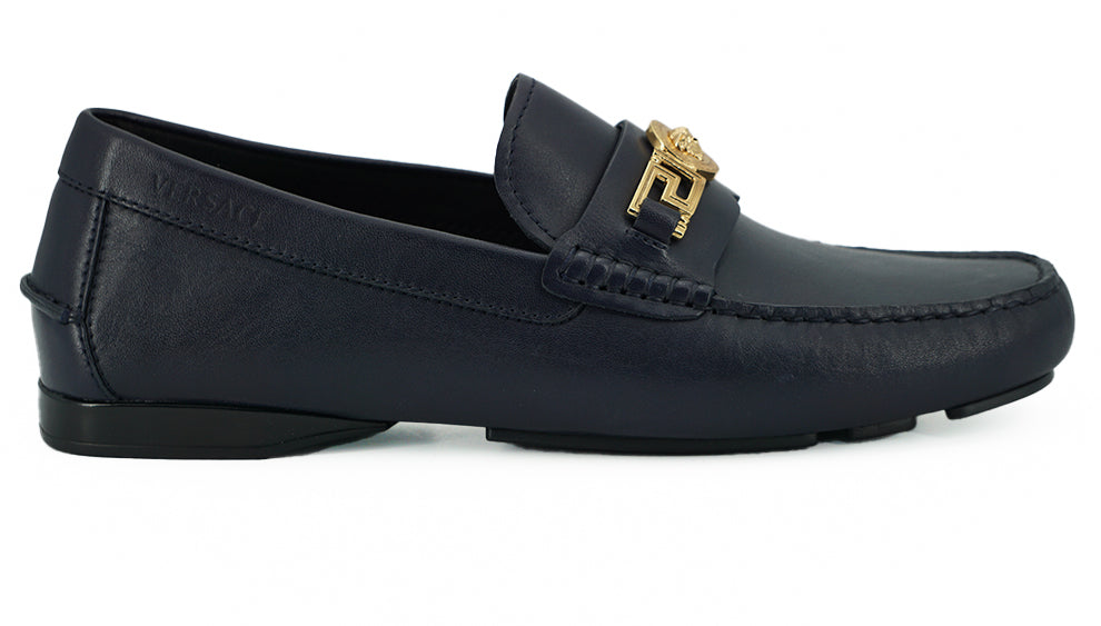 Versace Elegant navy blue calfskin loafers