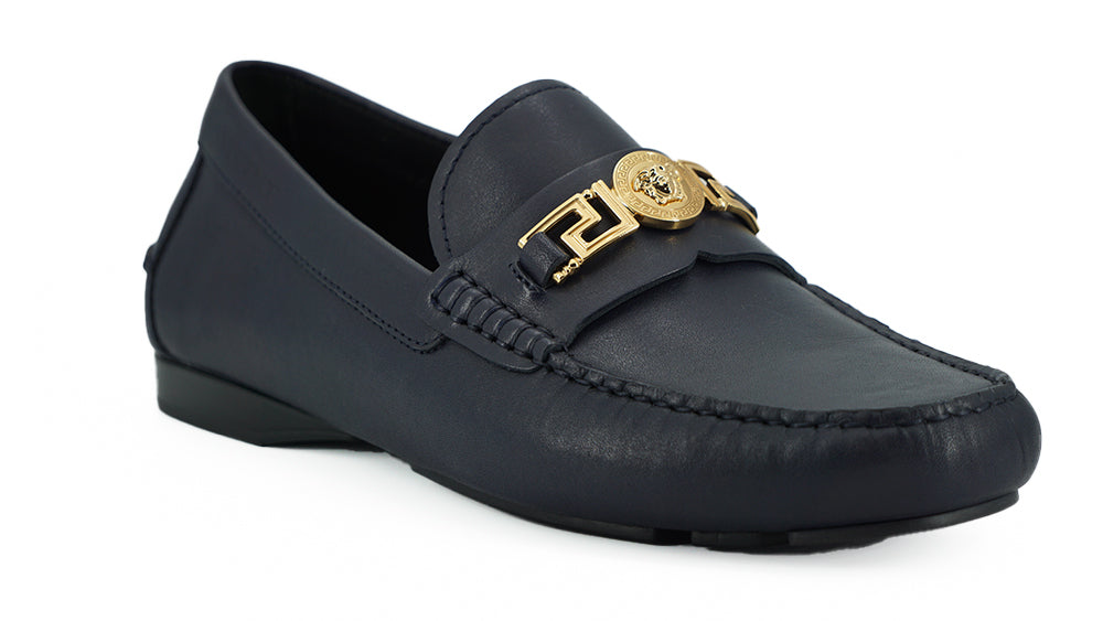 Versace Elegant navy blue calfskin loafers