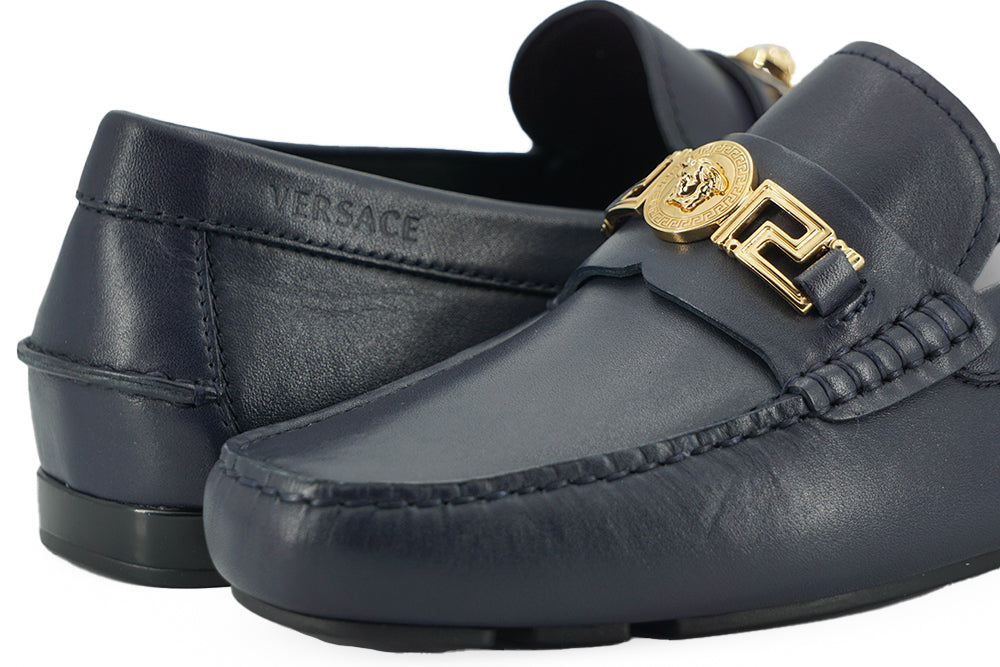 Versace Elegant navy blue calfskin loafers