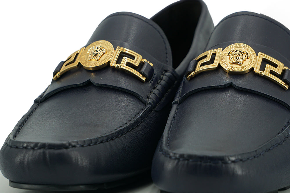 Versace Elegant navy blue calfskin loafers
