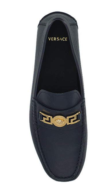 Versace Elegant navy blue calfskin loafers