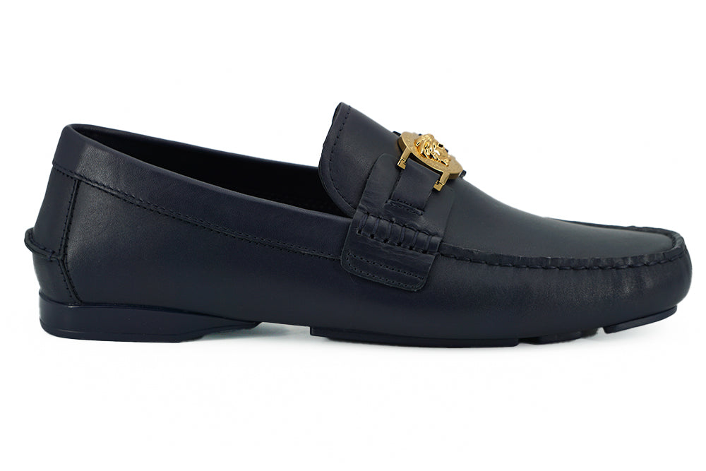 Versace Elegant navy blue calfskin loafers