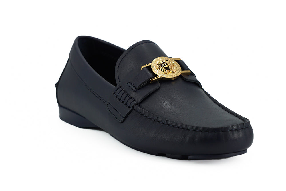 Versace Elegant navy blue calfskin loafers