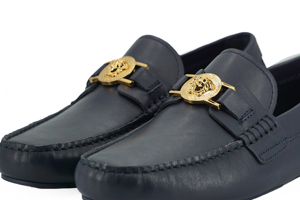 Versace Elegant navy blue calfskin loafers