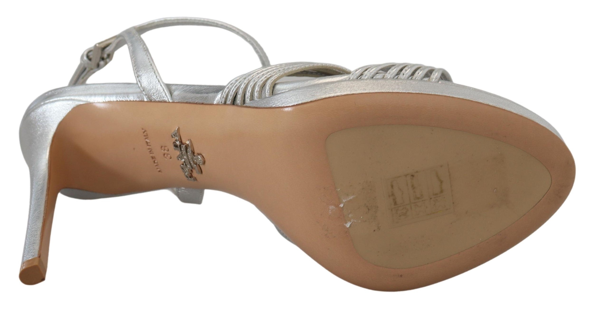 Prada Silberne Leder-Sandalen Knöchelriemen-Absätze Stiletto
