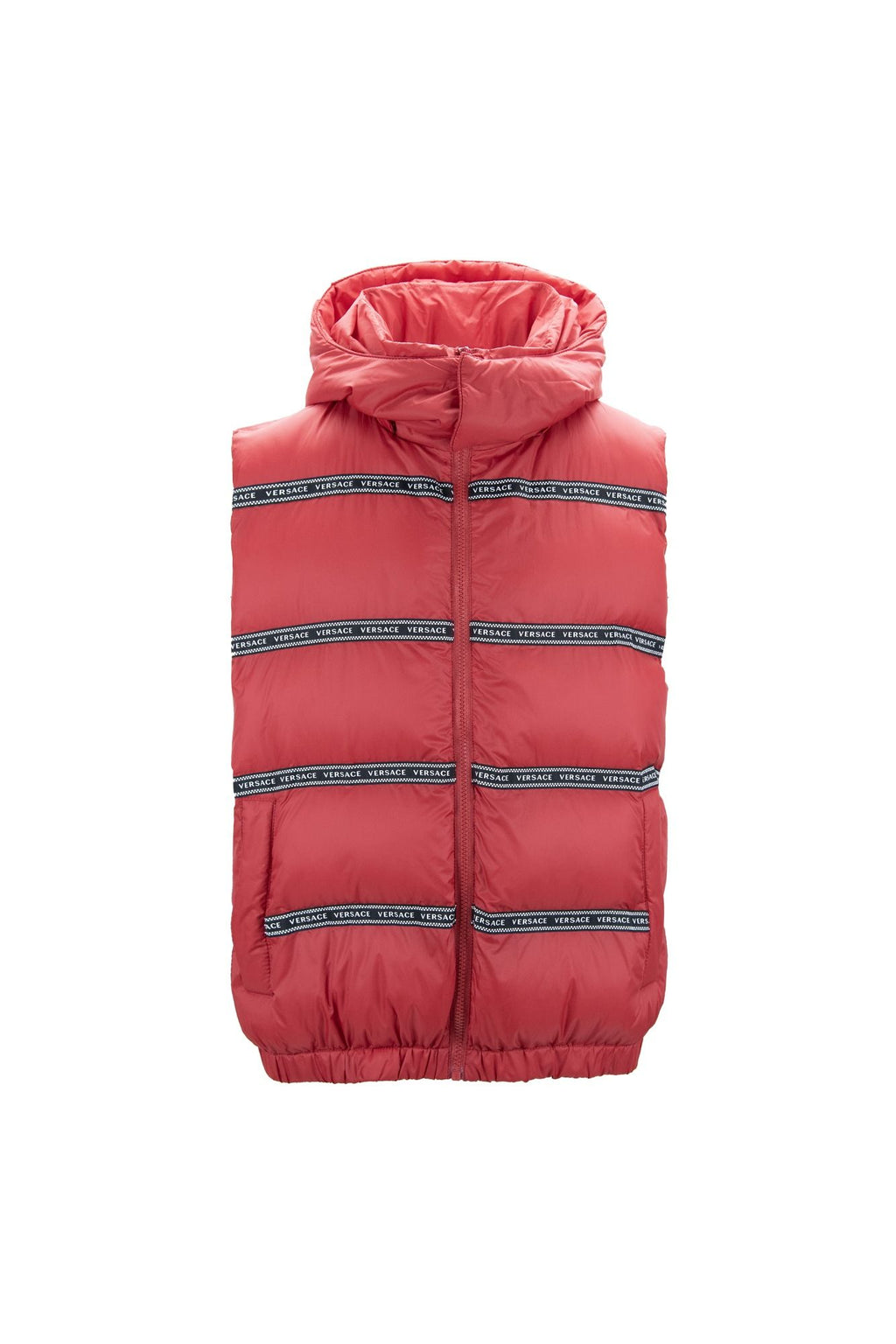 Elegant red Versace logo vest with detachable hood