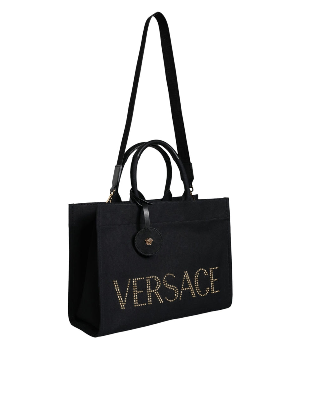 Versace Schwarze Top Handle Canvas Leder Logo Crossbody Tote Bag