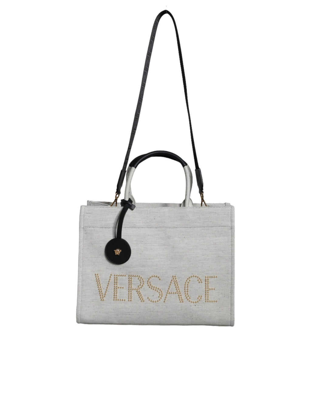 Versace Weiße Top Handle Canvas Leder Logo Crossbody Tote Bag