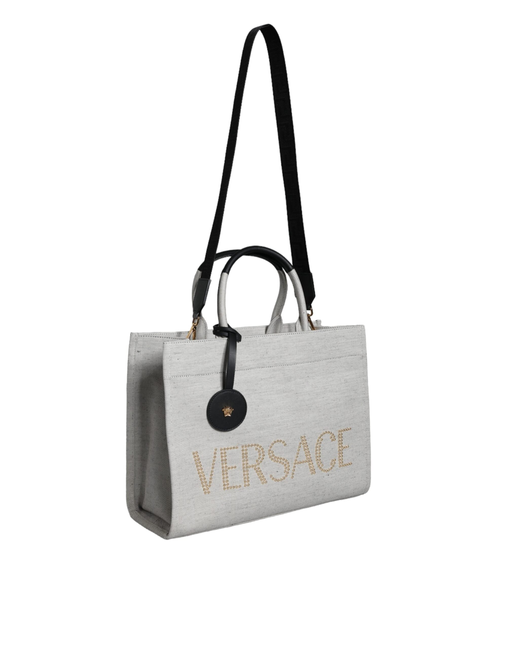 Versace Weiße Top Handle Canvas Leder Logo Crossbody Tote Bag