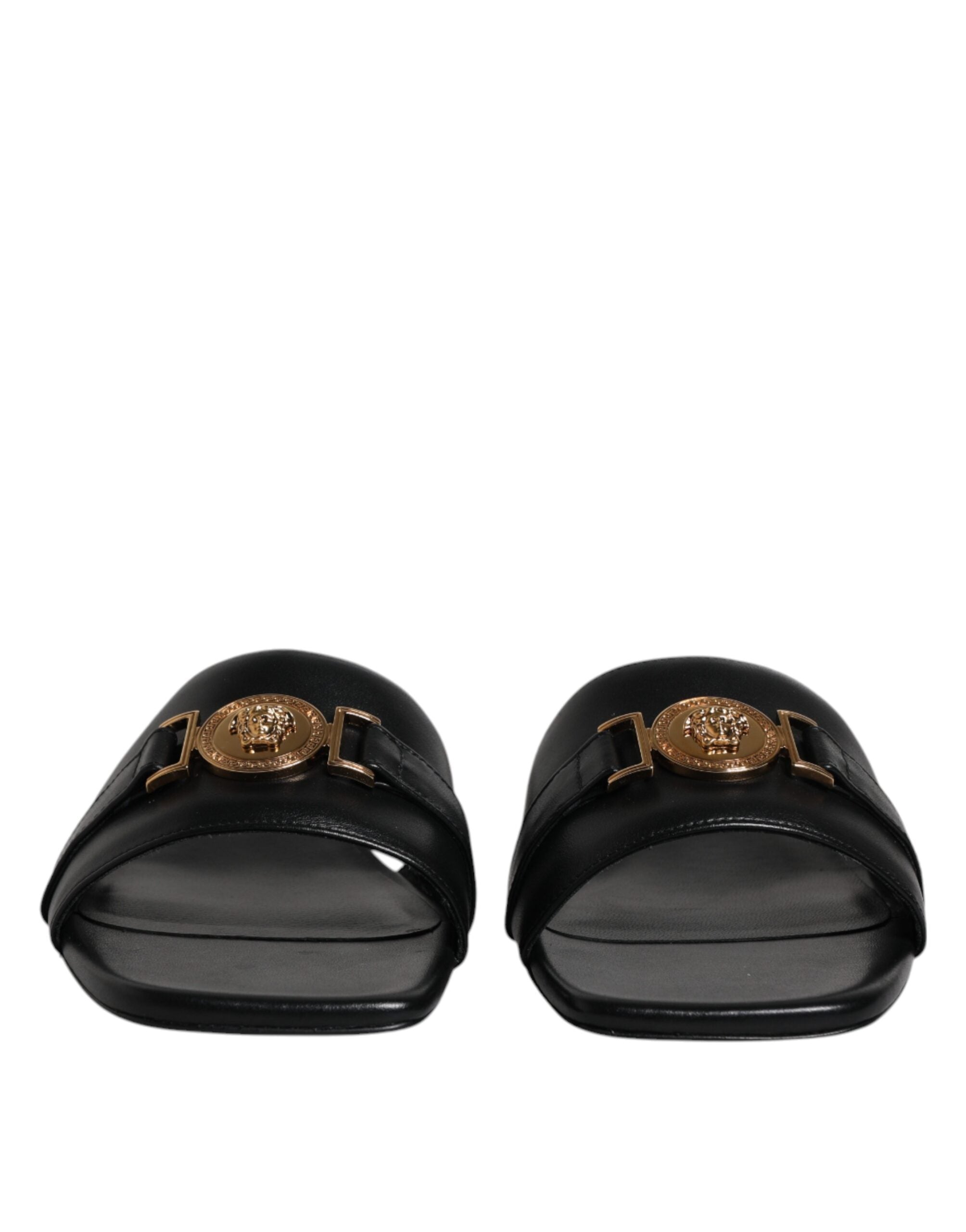 Versace Schwarz Leder Logo Plaque Slip On Slides Flats Schuhe