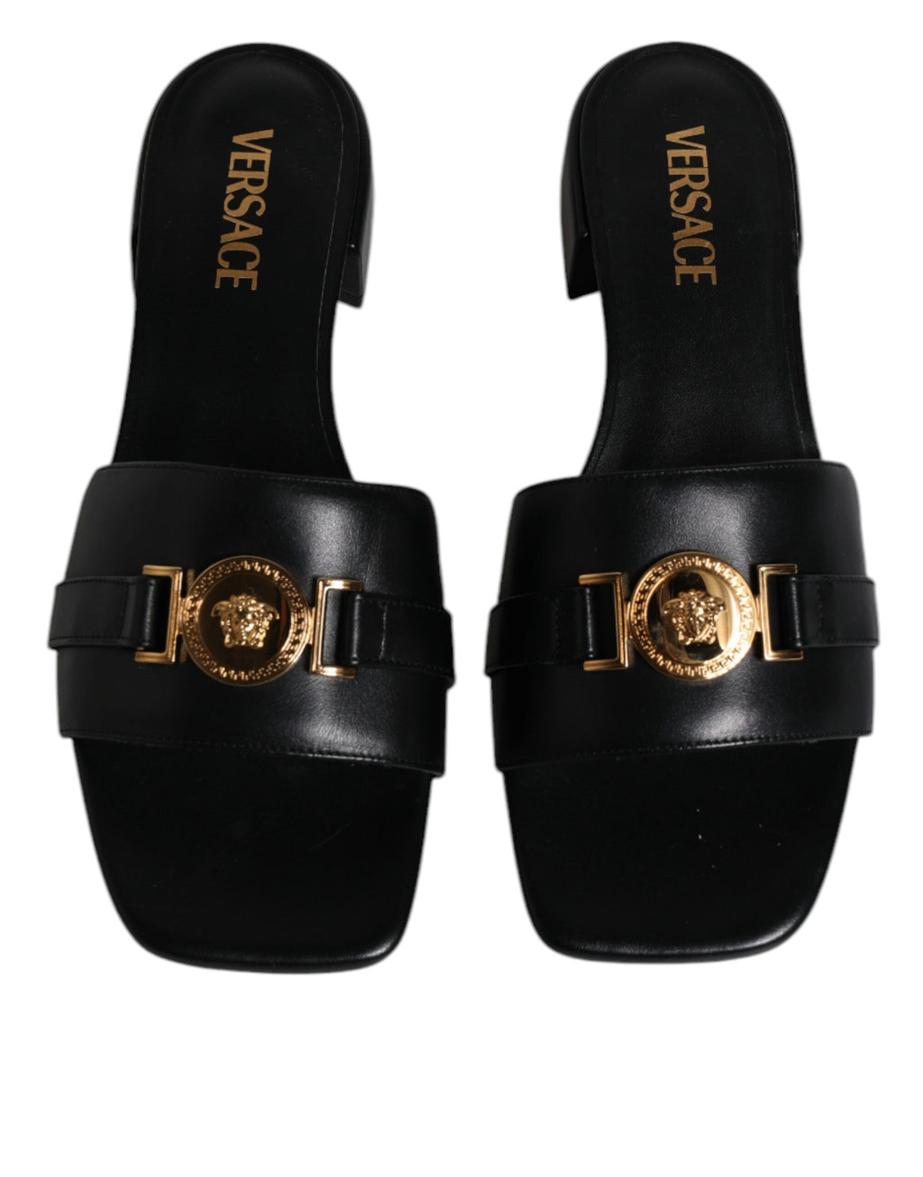 Versace Schwarz Leder Logo Plaque Slip On Slides Flats Schuhe