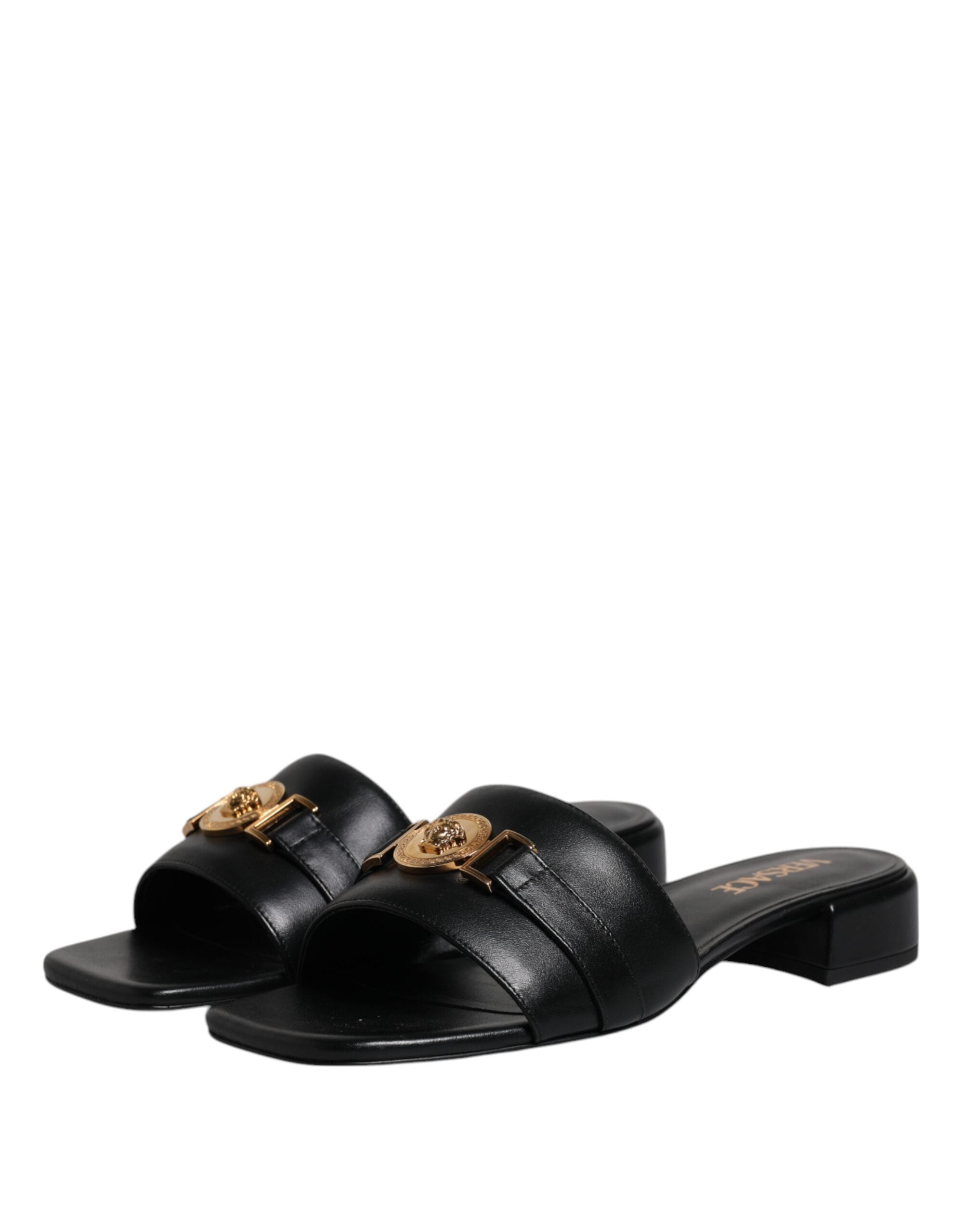 Versace Schwarz Leder Logo Plaque Slip On Slides Flats Schuhe