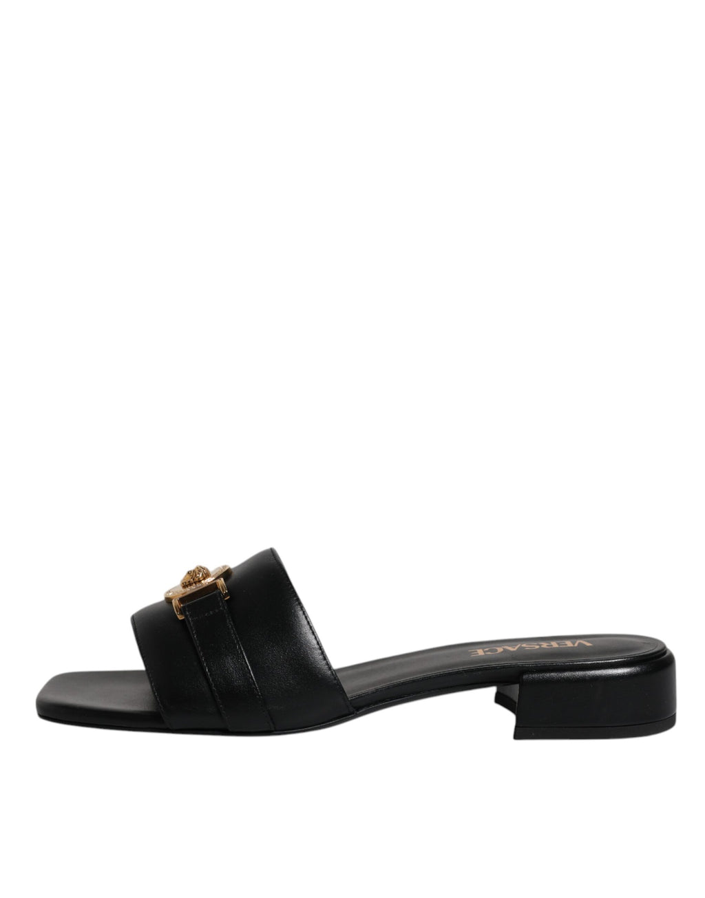 Versace Schwarz Leder Logo Plaque Slip On Slides Flats Schuhe