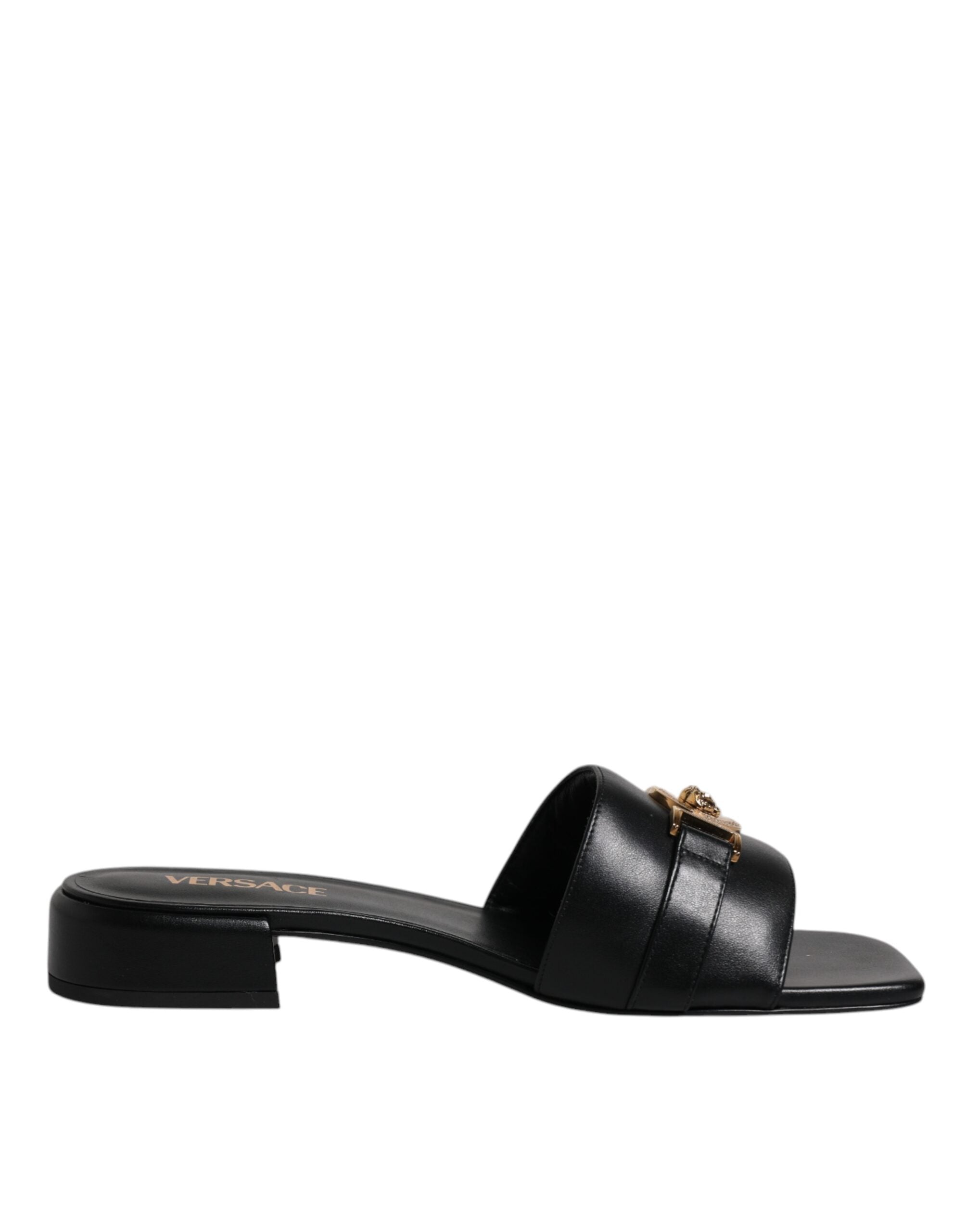Versace Schwarz Leder Logo Plaque Slip On Slides Flats Schuhe