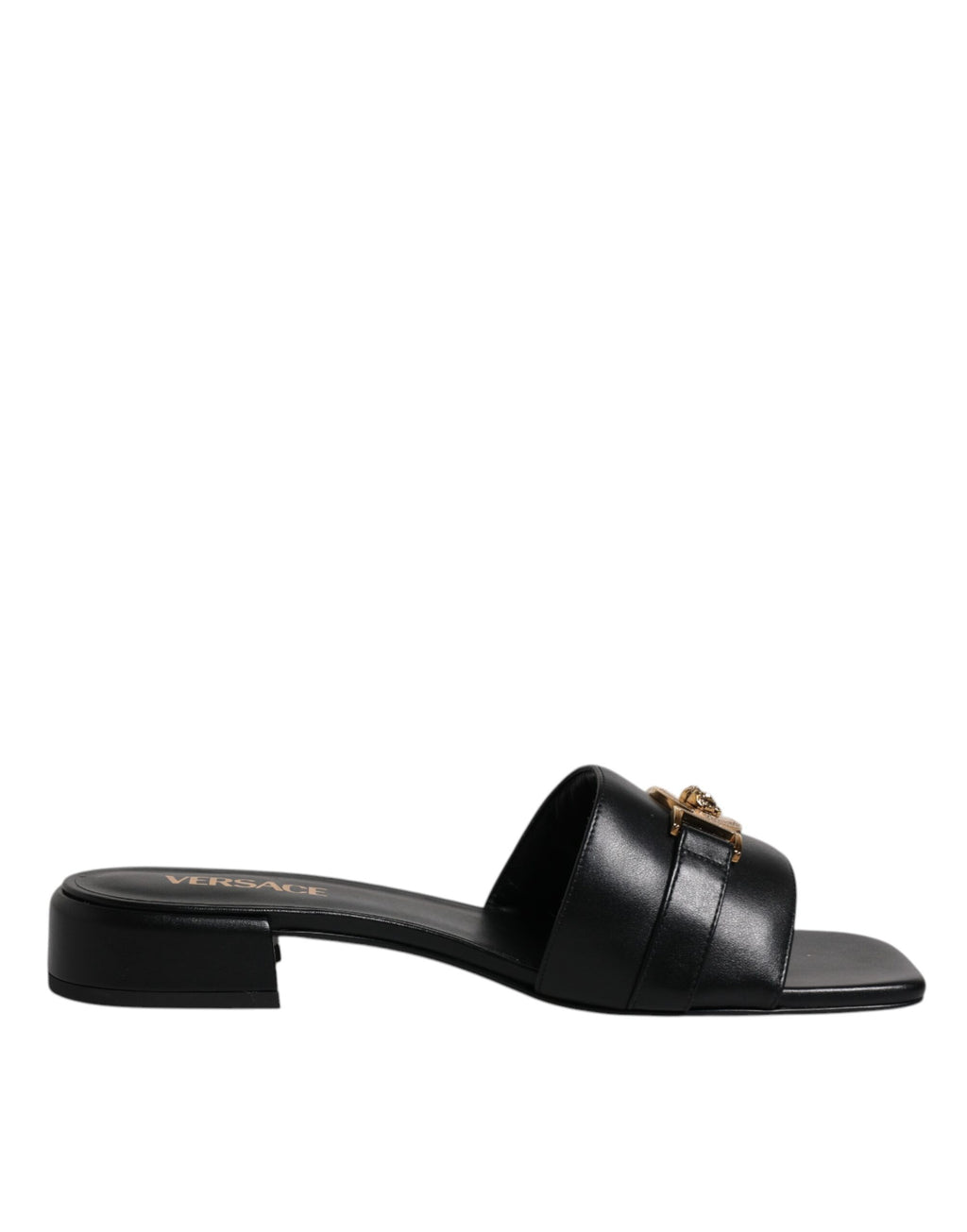 Versace Schwarz Leder Logo Plaque Slip On Slides Flats Schuhe