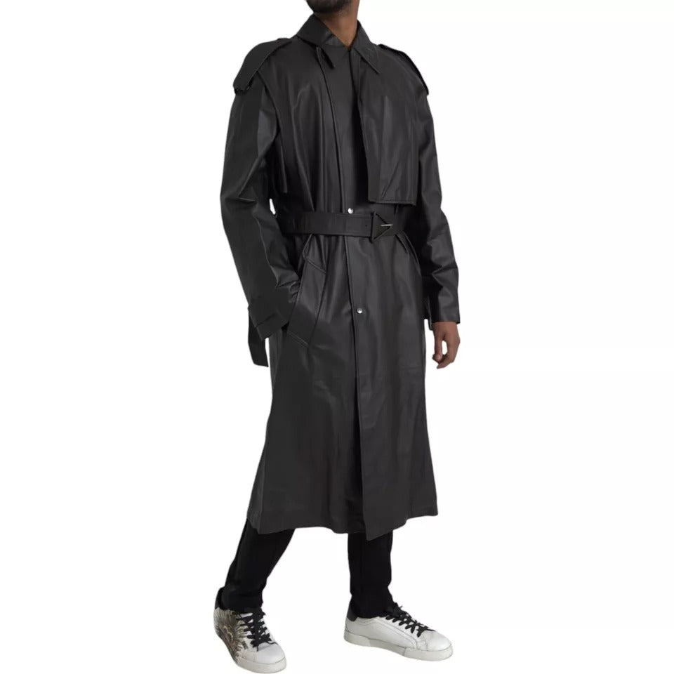Bottega Veneta Schwarzes Leder Männer Wasserdicht Trenchcoat Jacke