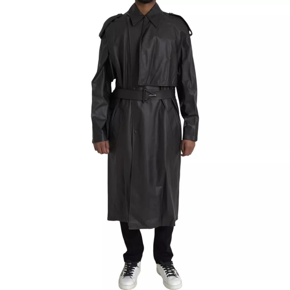 Bottega Veneta Schwarzes Leder Männer Wasserdicht Trenchcoat Jacke