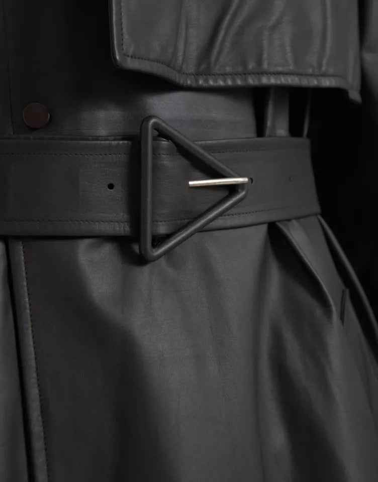 Bottega Veneta Schwarzes Leder Männer Wasserdicht Trenchcoat Jacke