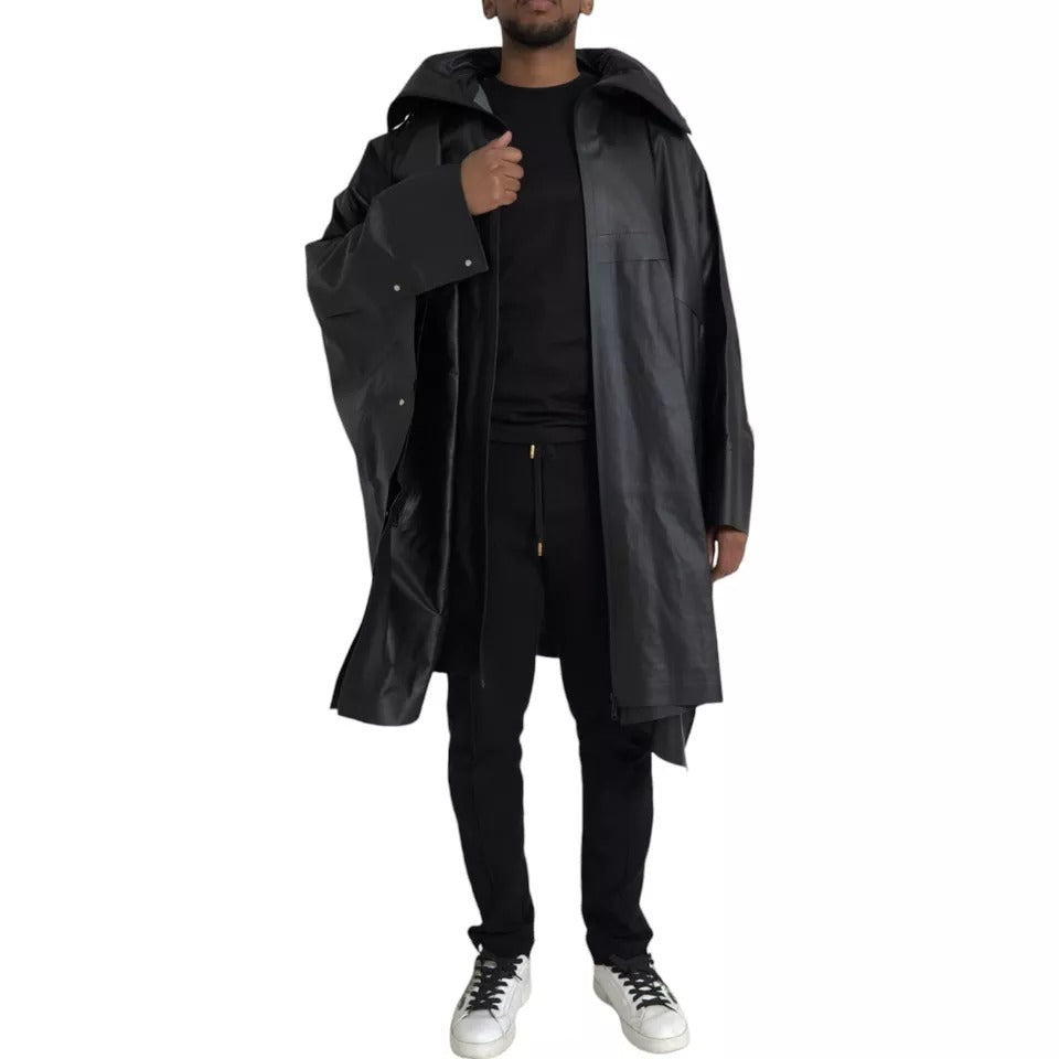 Bottega Veneta Schwarzes Leder Trenchcoat Jacke mit Kapuze