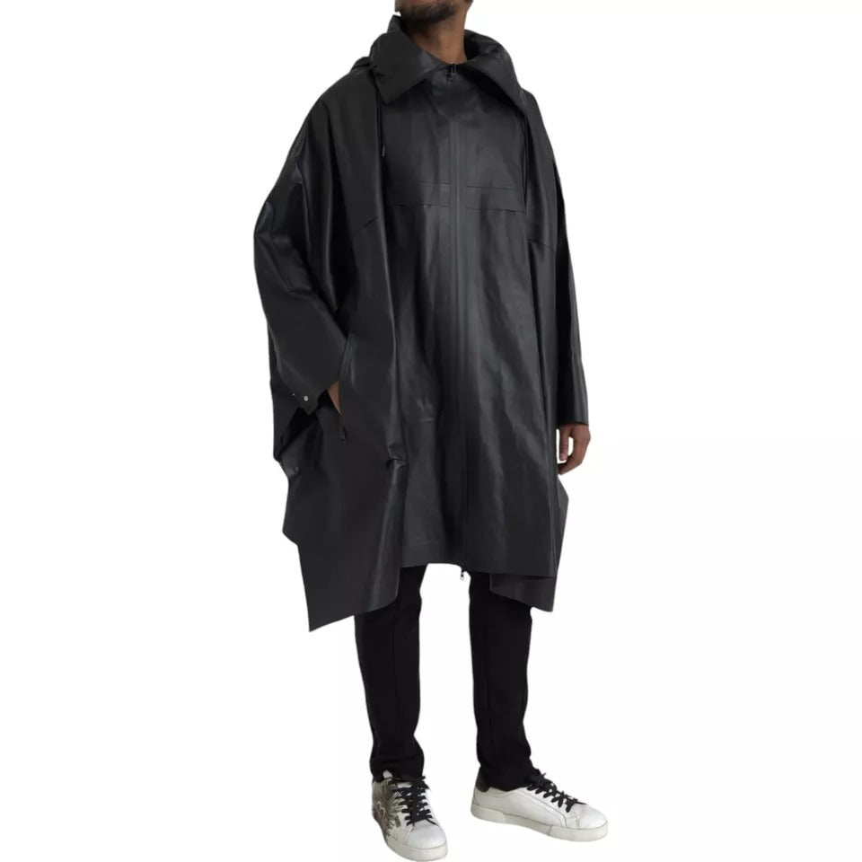 Bottega Veneta Schwarzes Leder Trenchcoat Jacke mit Kapuze