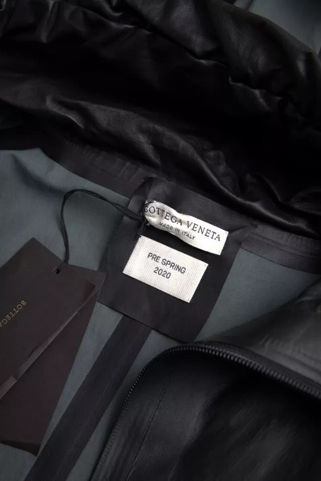 Bottega Veneta Schwarzes Leder Trenchcoat Jacke mit Kapuze