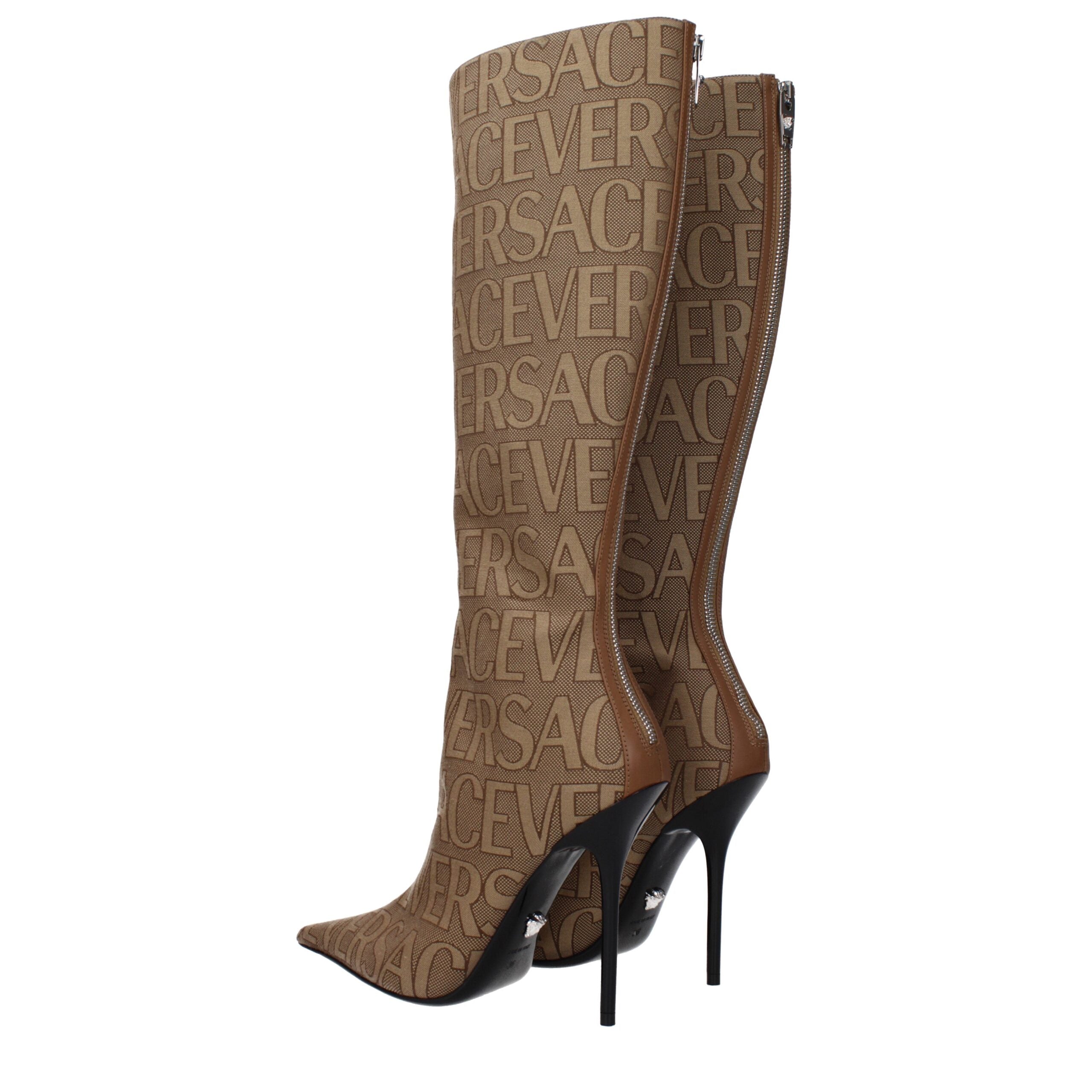 Versace Beigefarbene High-Heel-Stiefel aus Stoff
